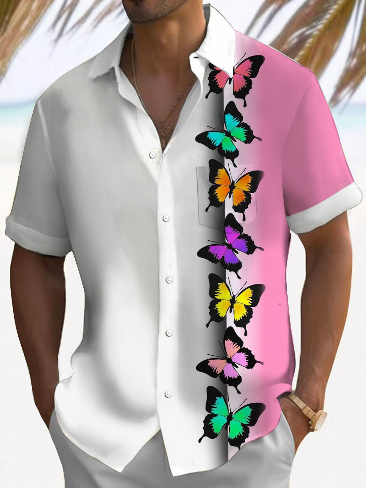 Butterfly Short Sleeve Men's Shirts With Pocket