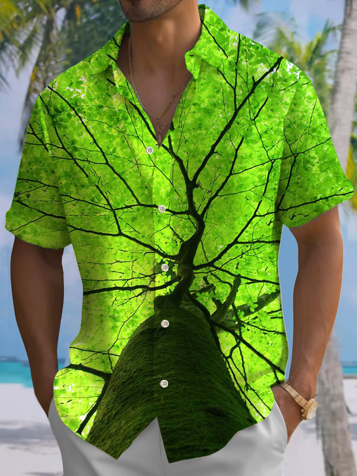 Tree Print Short Sleeve Men's Shirts With Pocket