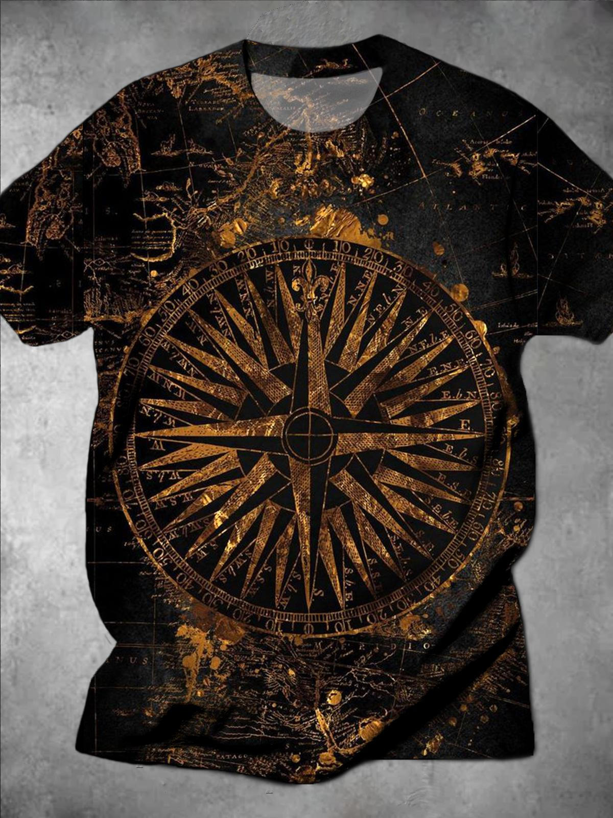 Compass Print Round Neck Short Sleeve Men's T-Shirt