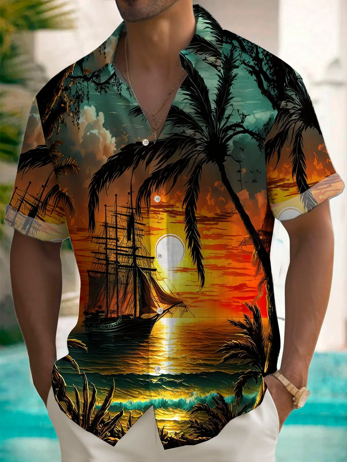 Hawaii Coconut Tree Boat Sunset Landscape Print Short Sleeve Men's Shirts With Pocket