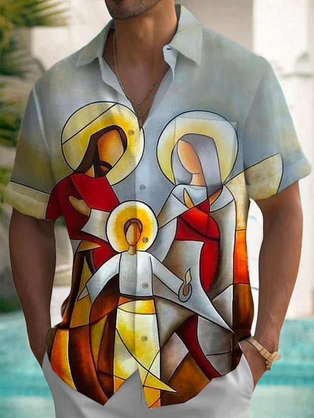 Men's casual geometric print short sleeve shirt with pocket front view