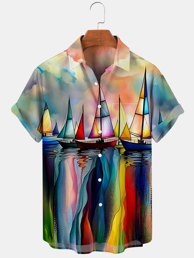 Boat neck short sleeve men's shirt with pocket front view