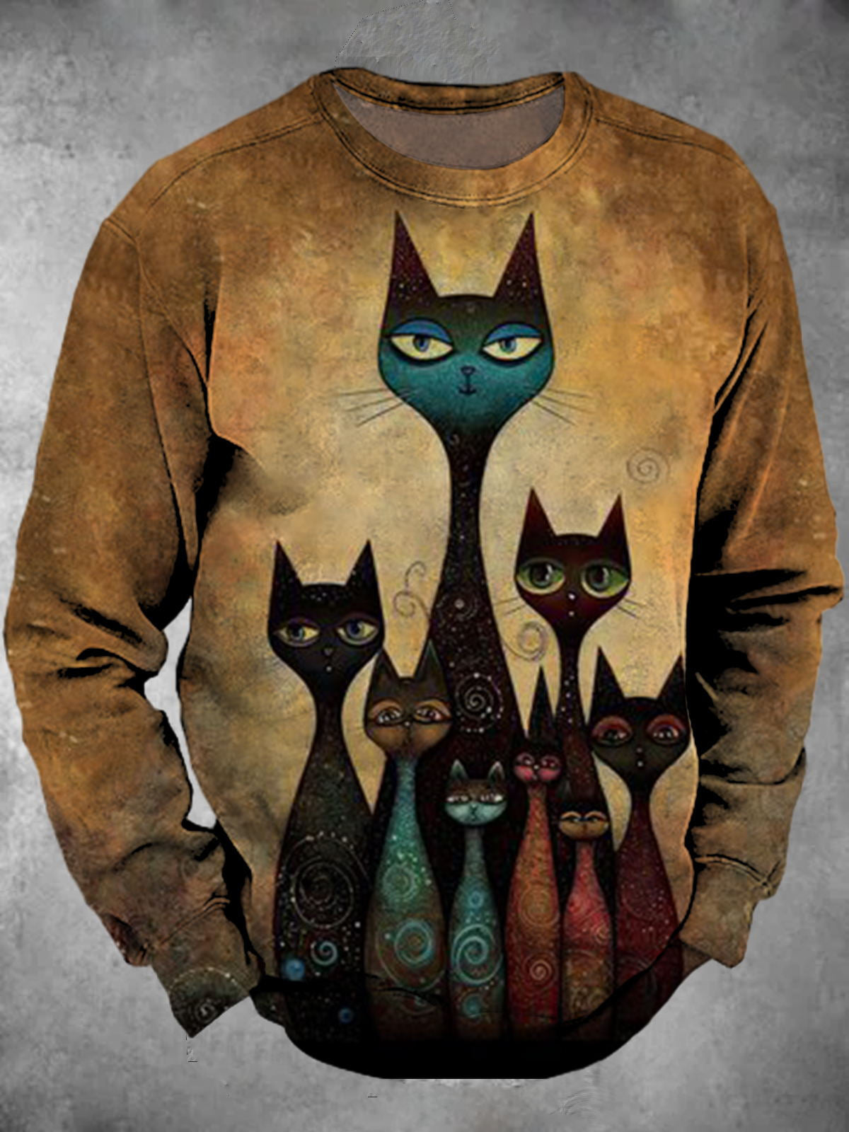 Vintage Cat Print Round Neck Long Sleeve Men's Top