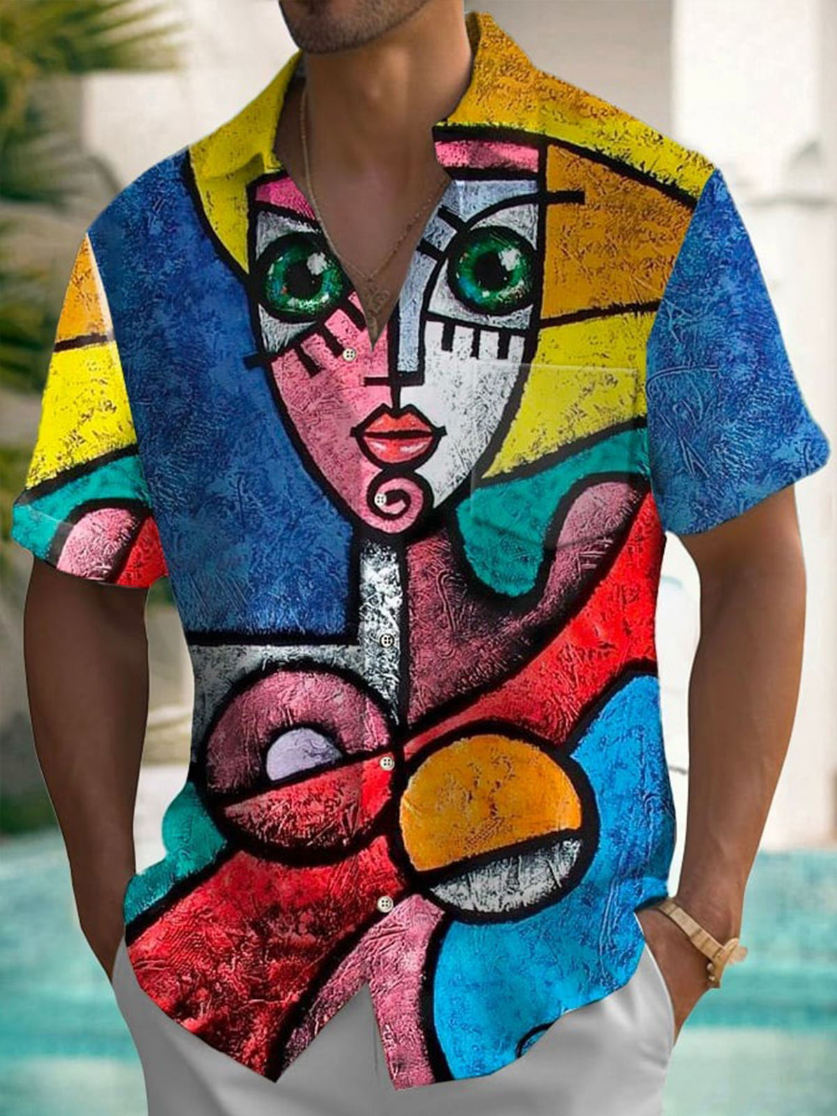 Abstract Face Art Print Short Sleeve Men's Shirts With Pocket