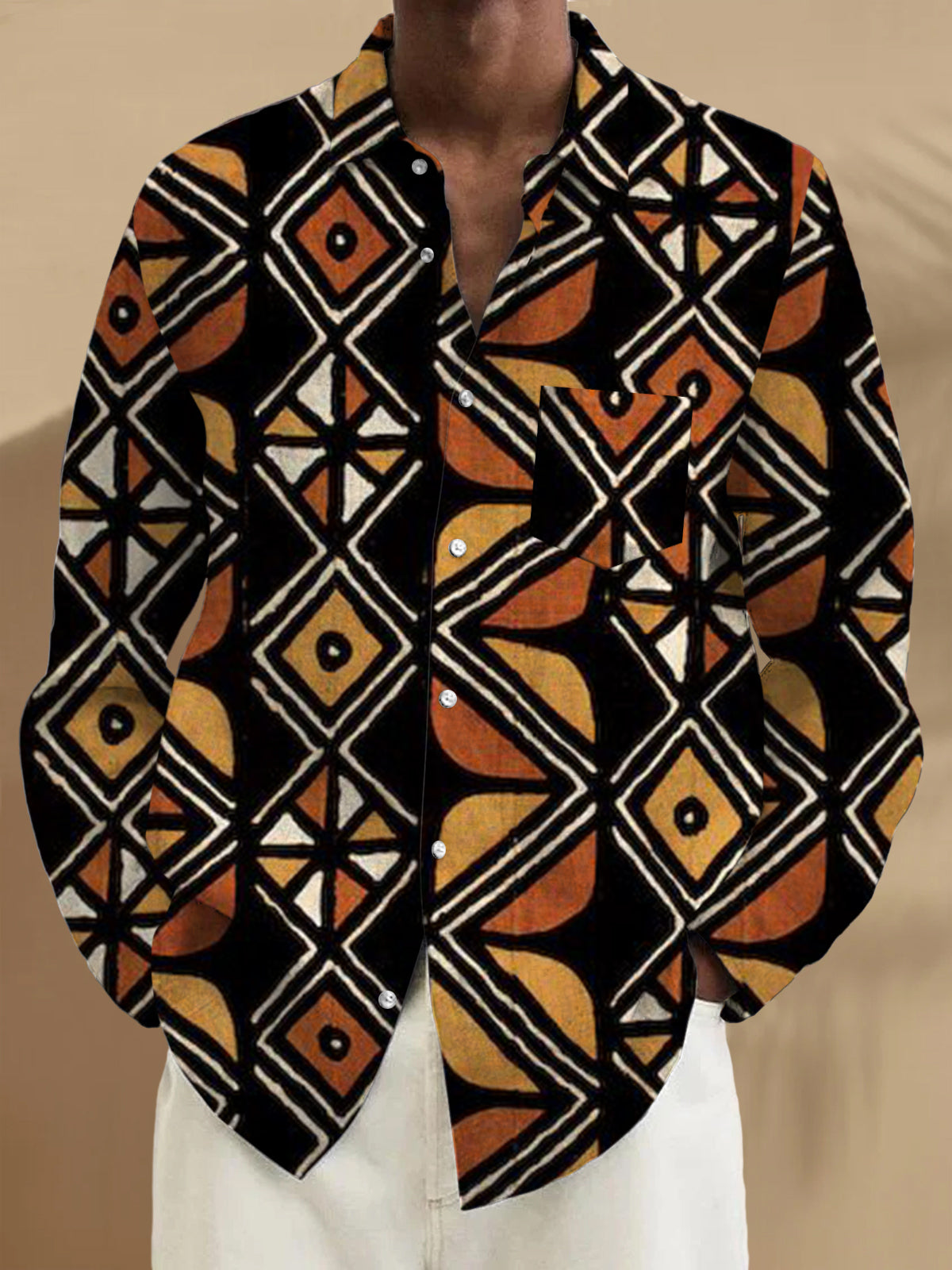 Ethnic Geometric Print Long Sleeve Men's Shirts With Pocket