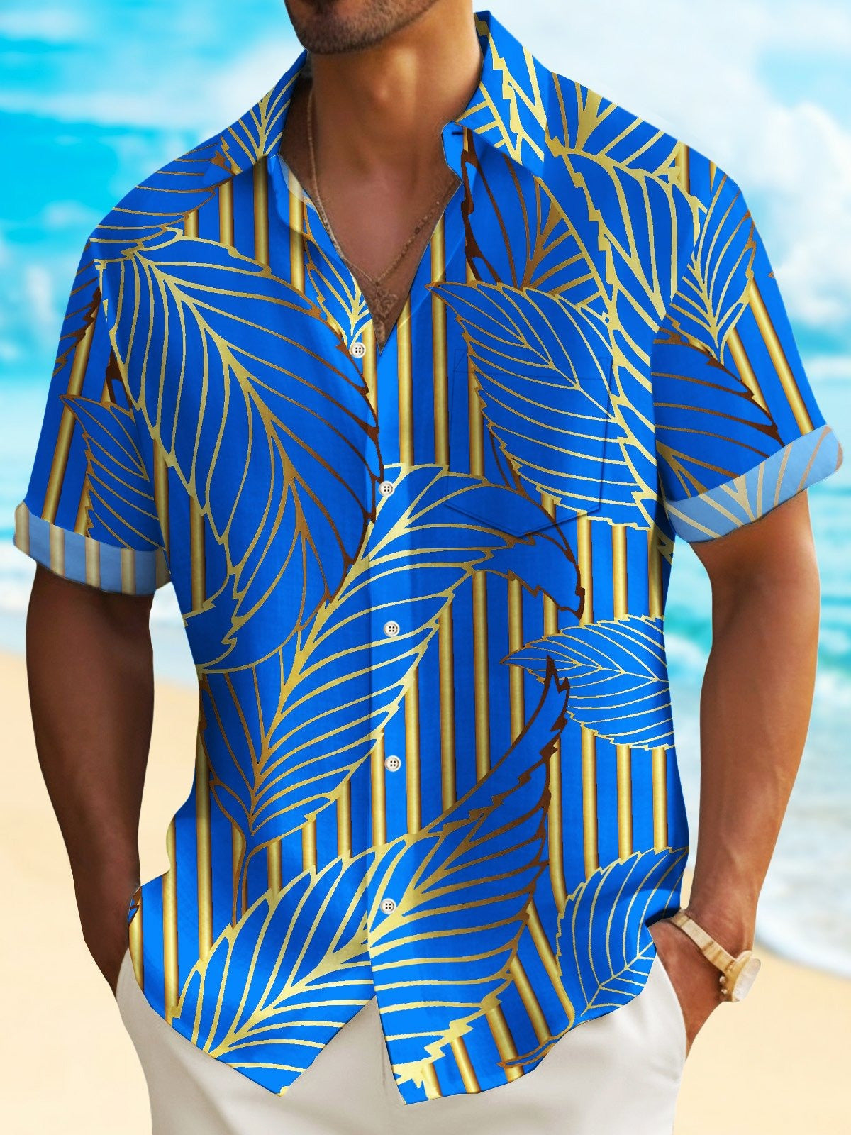 Hawaiian Leaf Print Short Sleeve Men's Shirts With Pocket