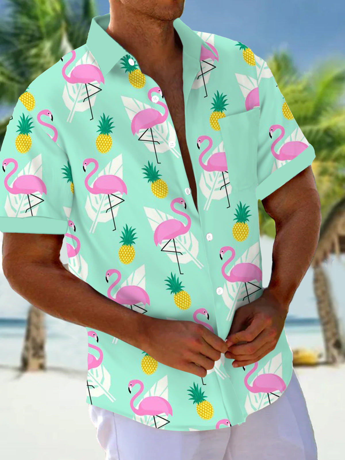 Flamingo Pineapple Leaf Print Short Sleeve Men's Shirts With Pocket