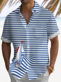 Sailboat Stripe Print Short Sleeve Men's Shirts With Pocket