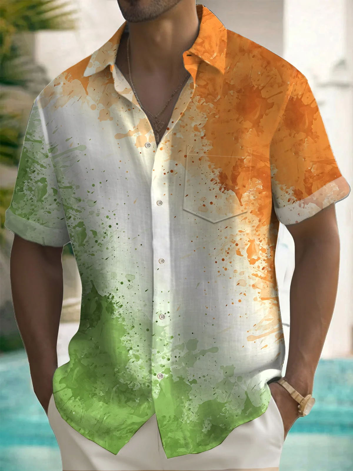 St. Patrick's Day Gradient Print Short Sleeve Men's Shirts With Pocket