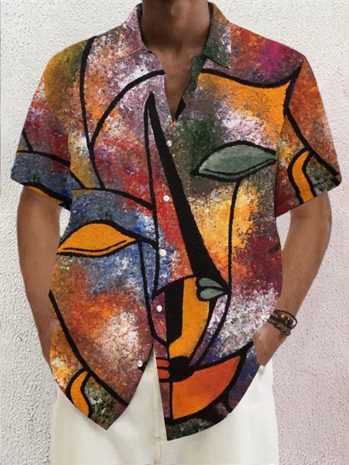 Abstract Face Print Short Sleeve Men's Shirts With Pocket