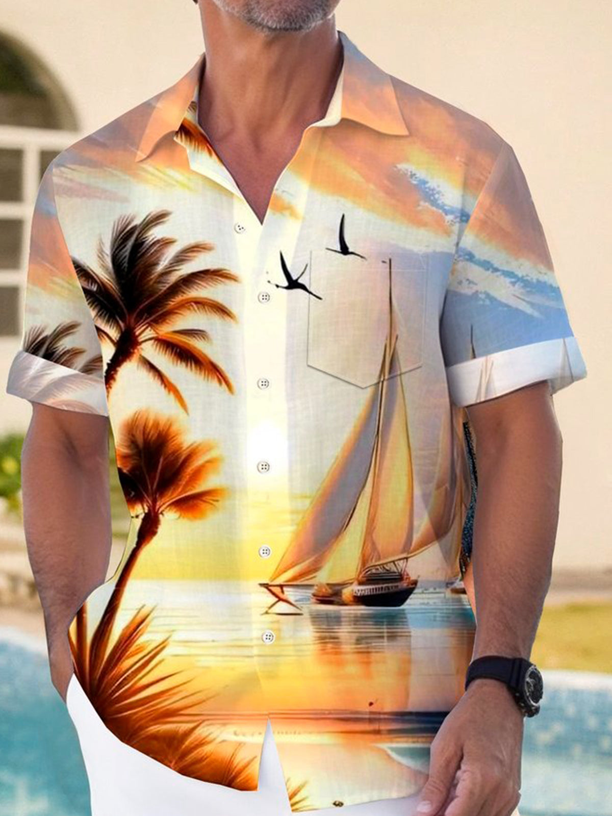 Hawaiian Coconut Palm Sailing Print Short Sleeve Men's Shirts With Pocket