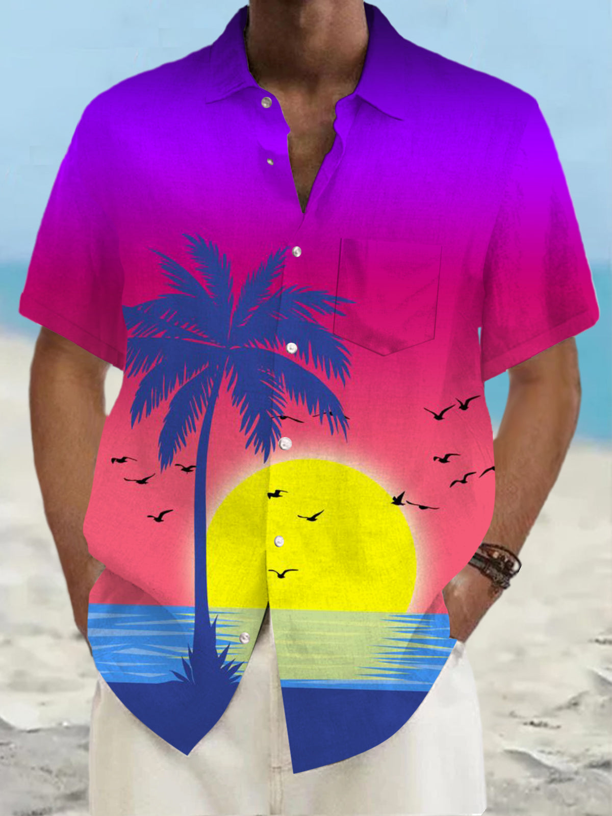 Coconut Tree Sunset Gradient Print Short Sleeve Men's Shirts With Pocket