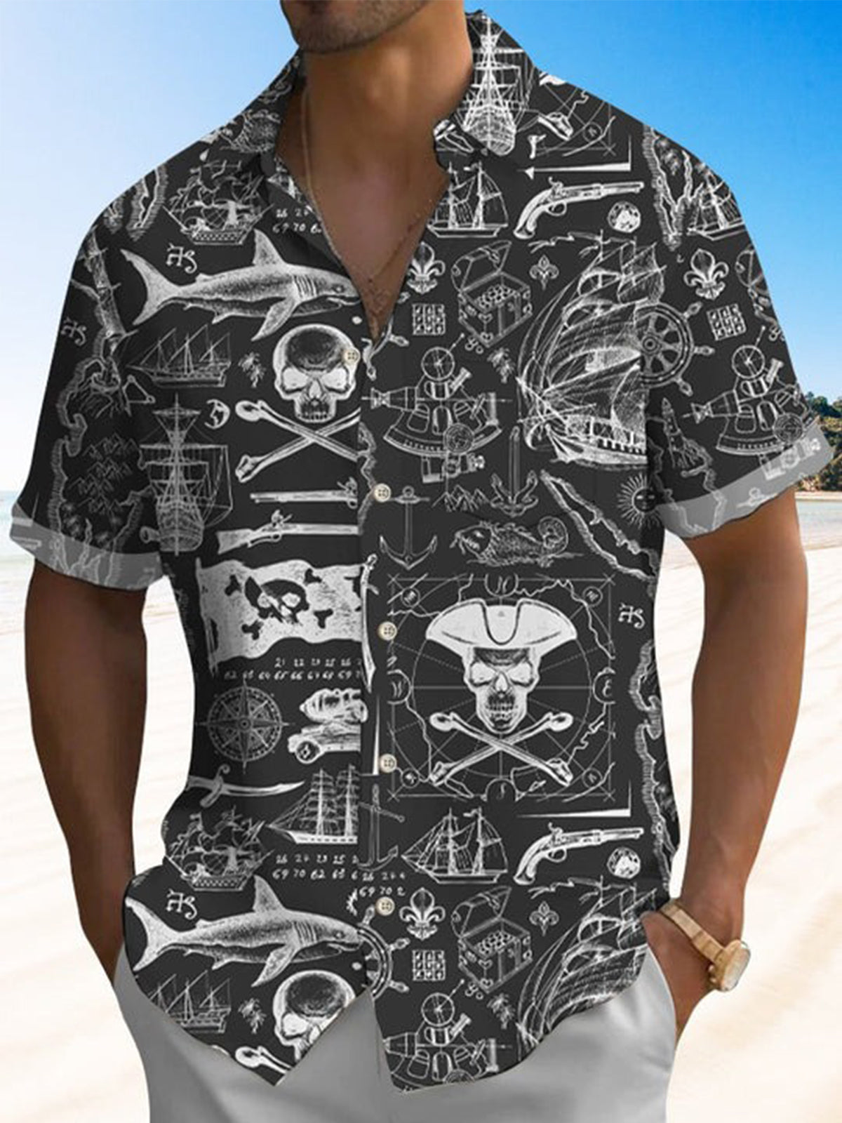 Vintage Hawaiian Pirate Print Short Sleeve Men's Shirts With Pocket