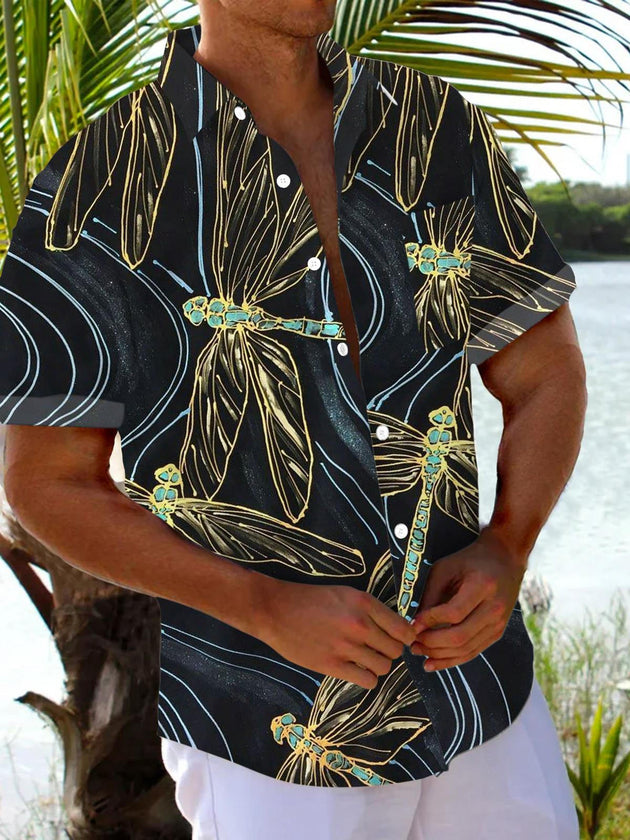 Men's Dragonfly Print Short Sleeve Pocket Shirt Front View