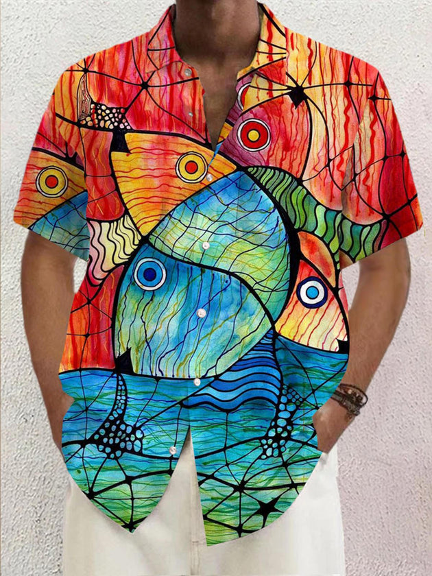 Men's abstract fish print short sleeve shirt front view