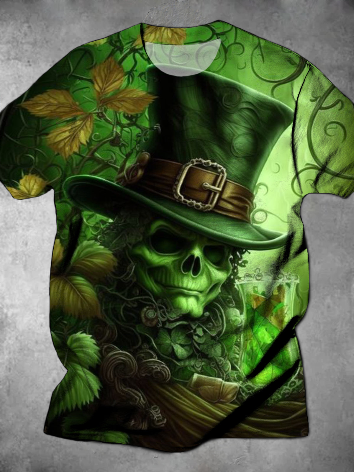 Skull Leaf Print Round Neck Short Sleeve Men's T-shirt