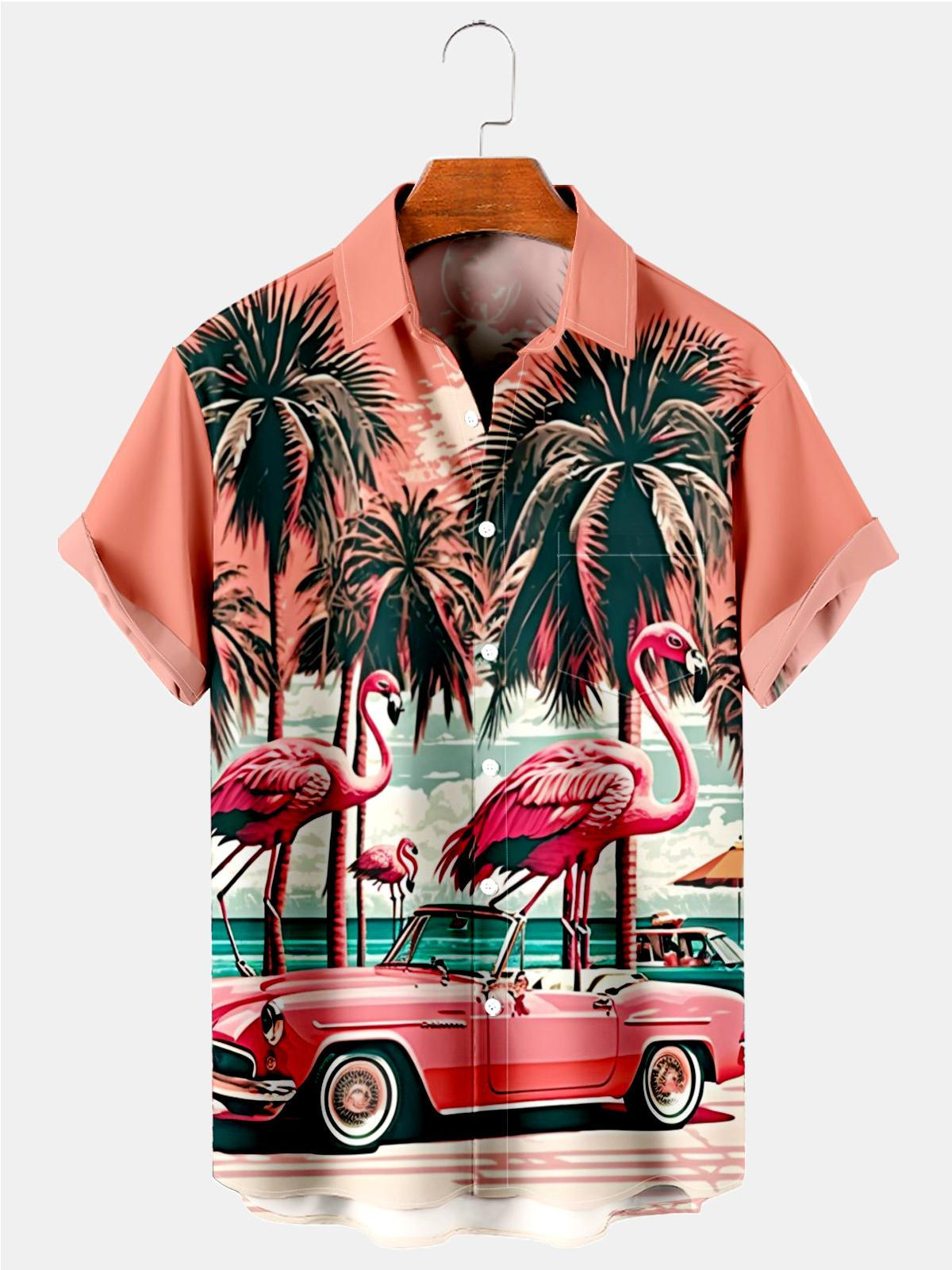 Hawaiian Flamingo Car Print Men's Shirts With Pocket