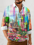 Vintage Oil Painting House Print Men's Lapel Shirt