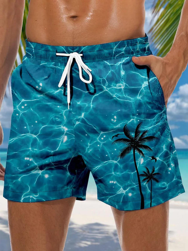 Men's Hawaiian coconut tree casual shorts front view ideal for tropical beach vacation