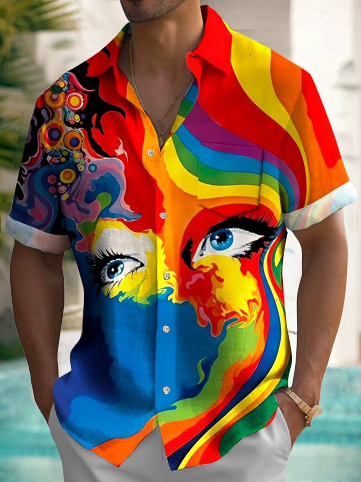 Abstract Art Eyes Print Short Sleeve Men's Shirts With Pocket