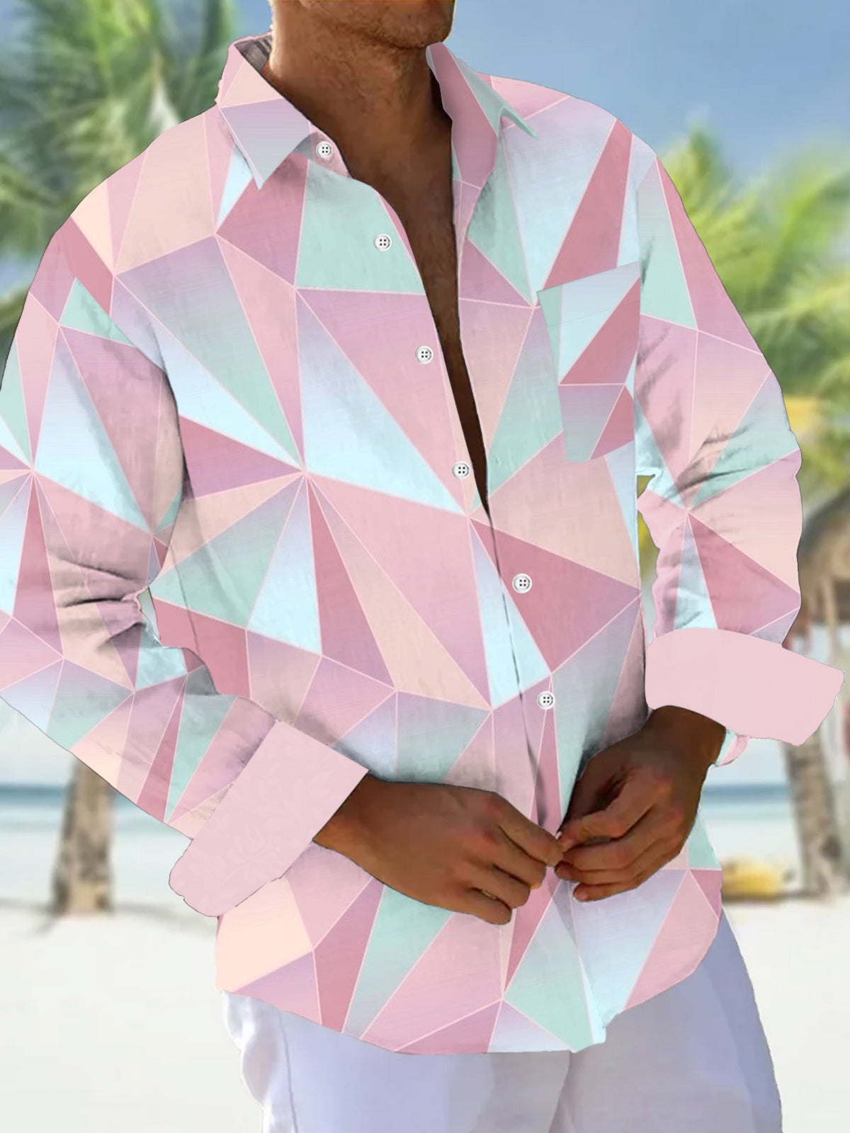 Pink Diamond Print Men's Long Sleeve Shirt