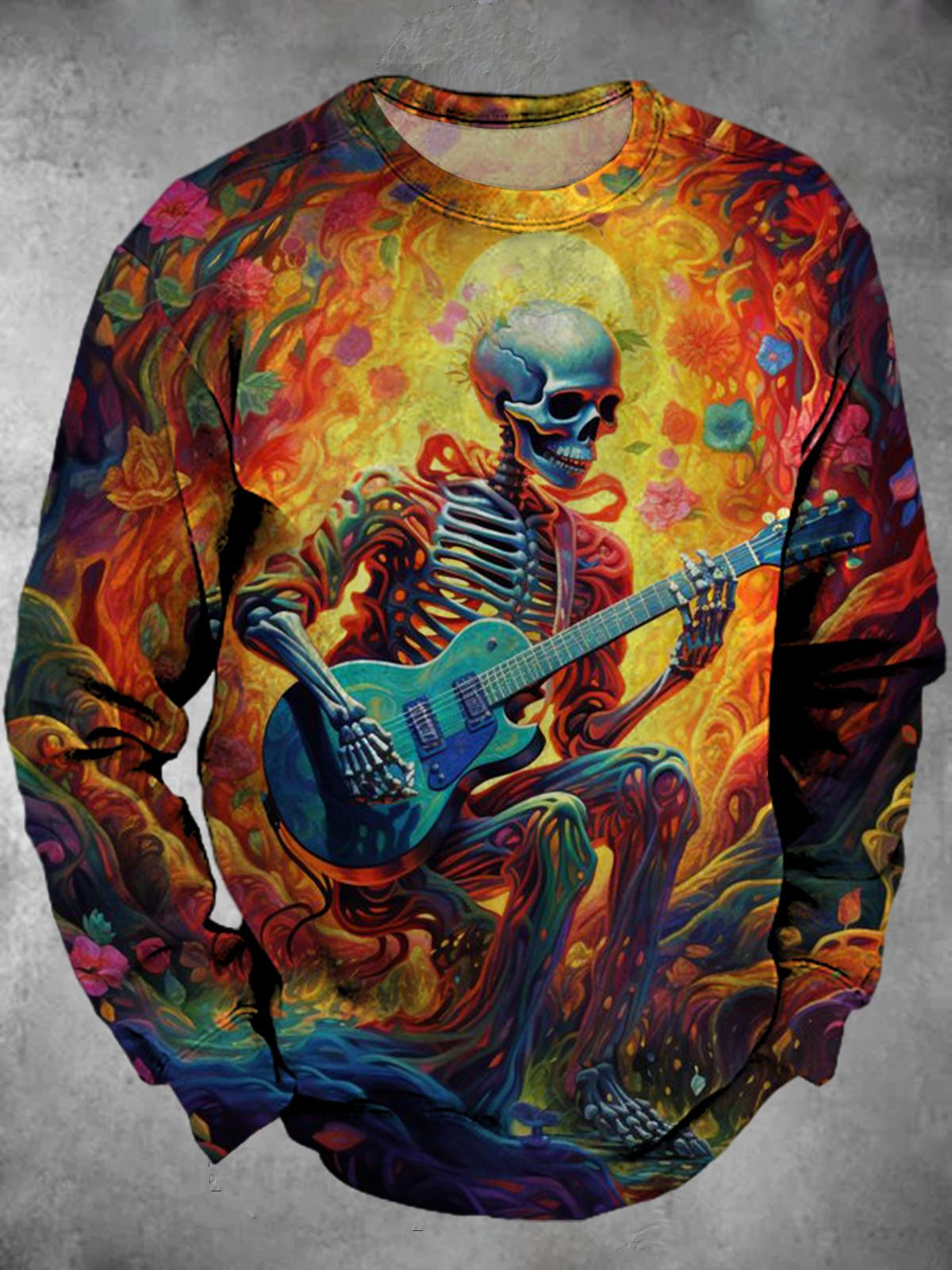 Skull Guitar Print Round Neck Long Sleeve Men's Sweatshirt