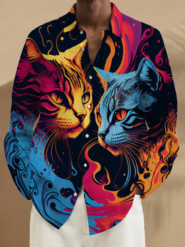 Men's long sleeve cat print shirt with pocket front view