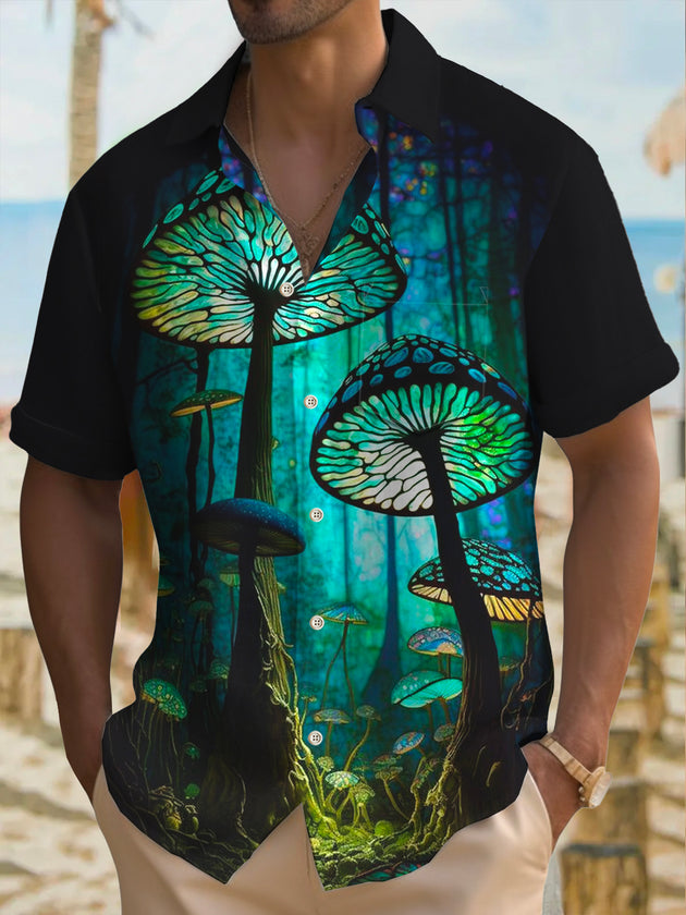 Men's retro print Hawaiian short sleeve casual shirt front view for tropical beach vacation