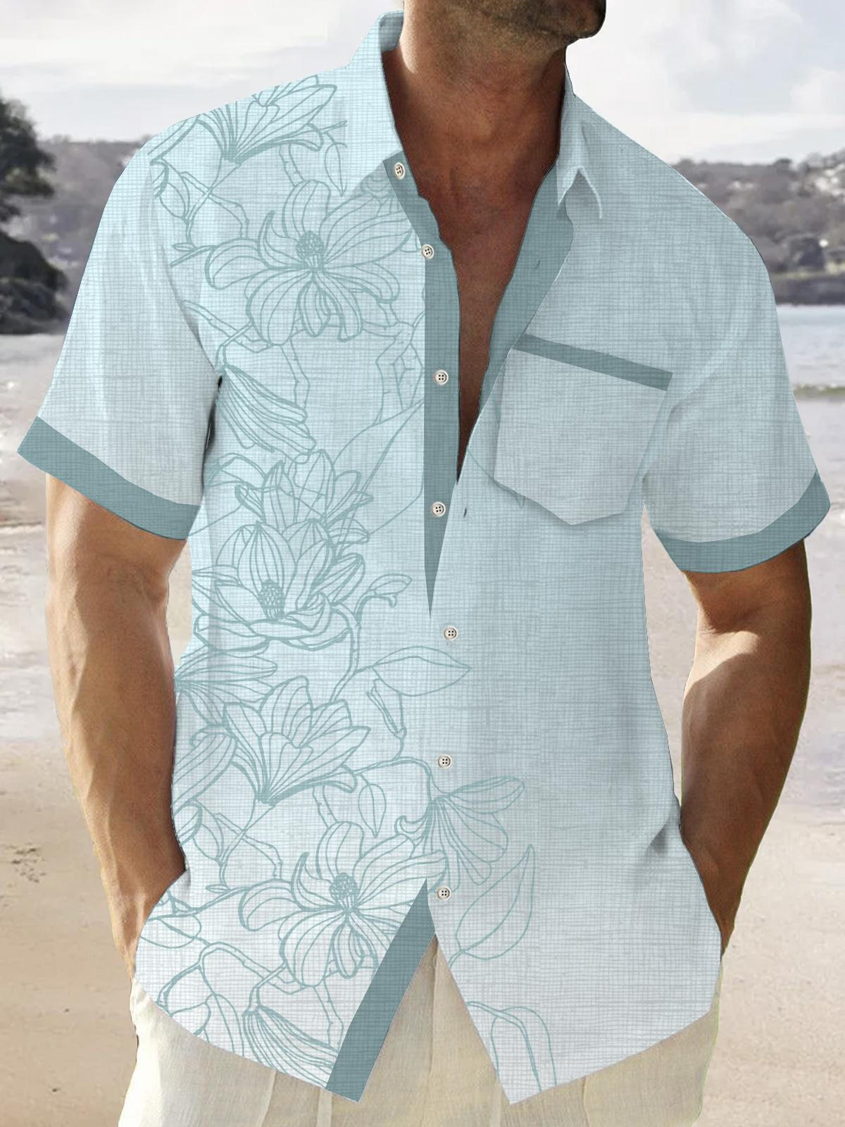 Linen Art Hawaiian Casual Retro Short Sleeve Men's Shirts With Pocket