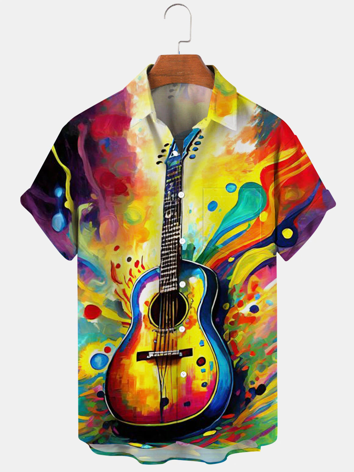 Guitar Print Short Sleeve Men's Shirts With Pocket