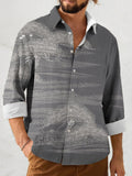 Simple Landscape Painting Print Men's Long-Sleeved Lapel Shirt