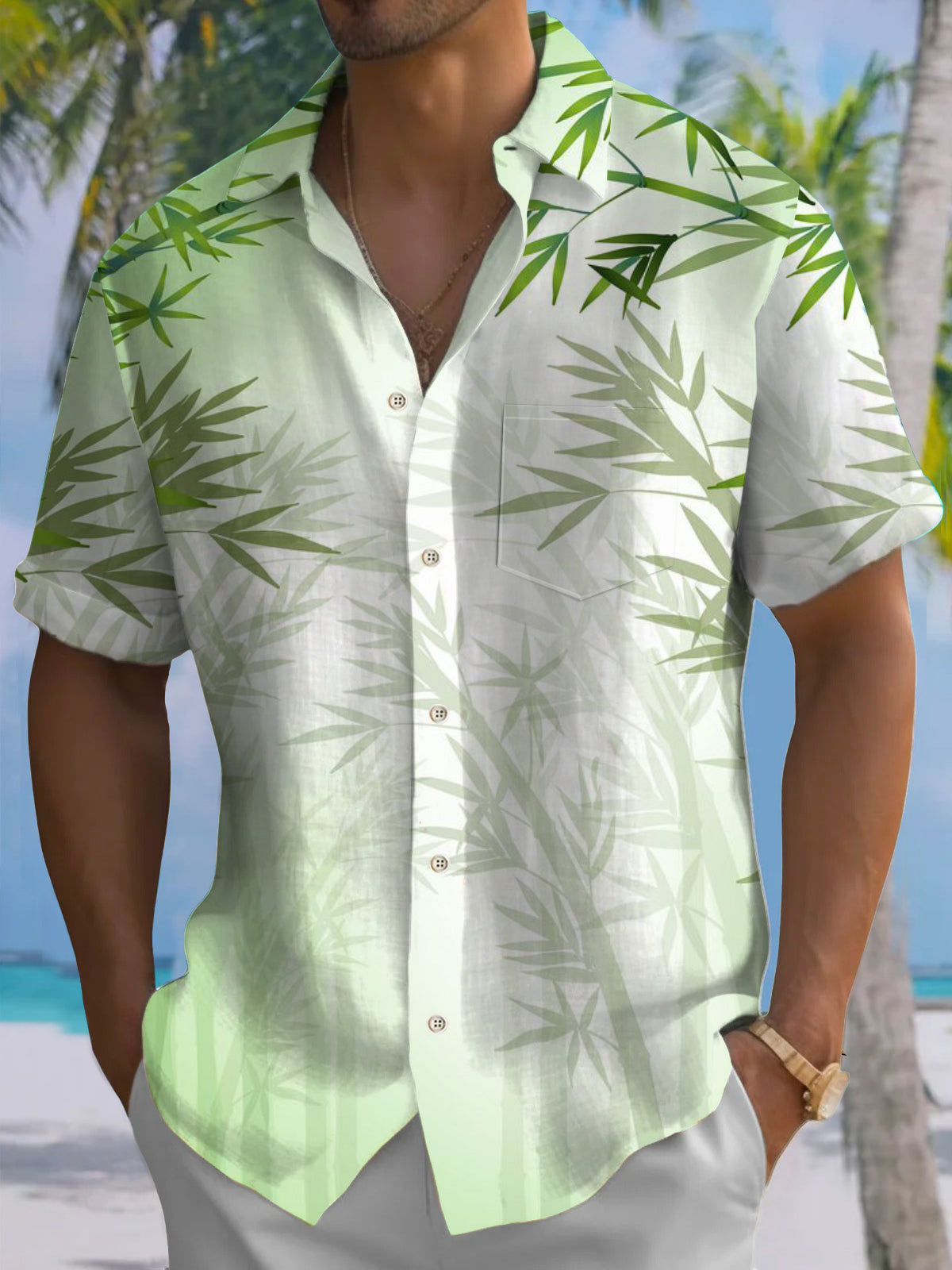 Bamboo Print Short Sleeve Men's Shirts With Pocket