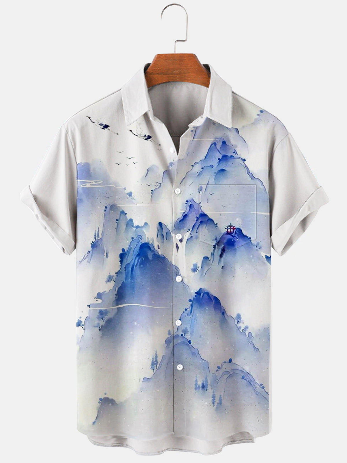 Mountain Print Short Sleeve Men's Shirts With Pocket