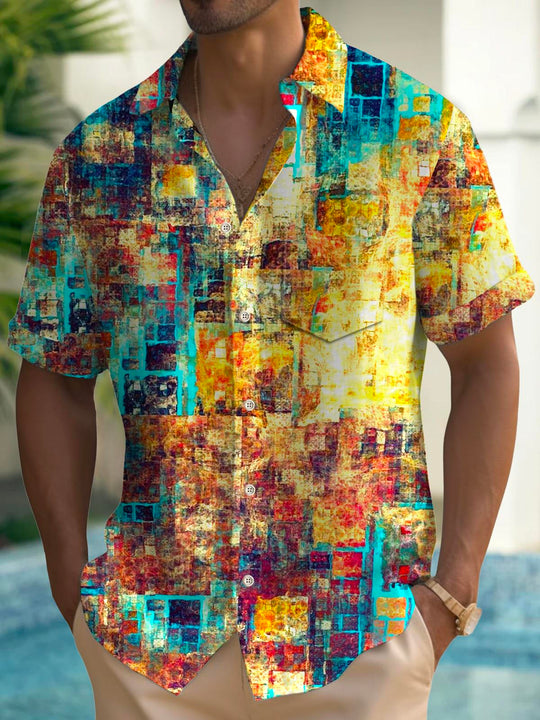 Men's retro Hawaiian short sleeve shirt with pocket front view for tropical beach vacation