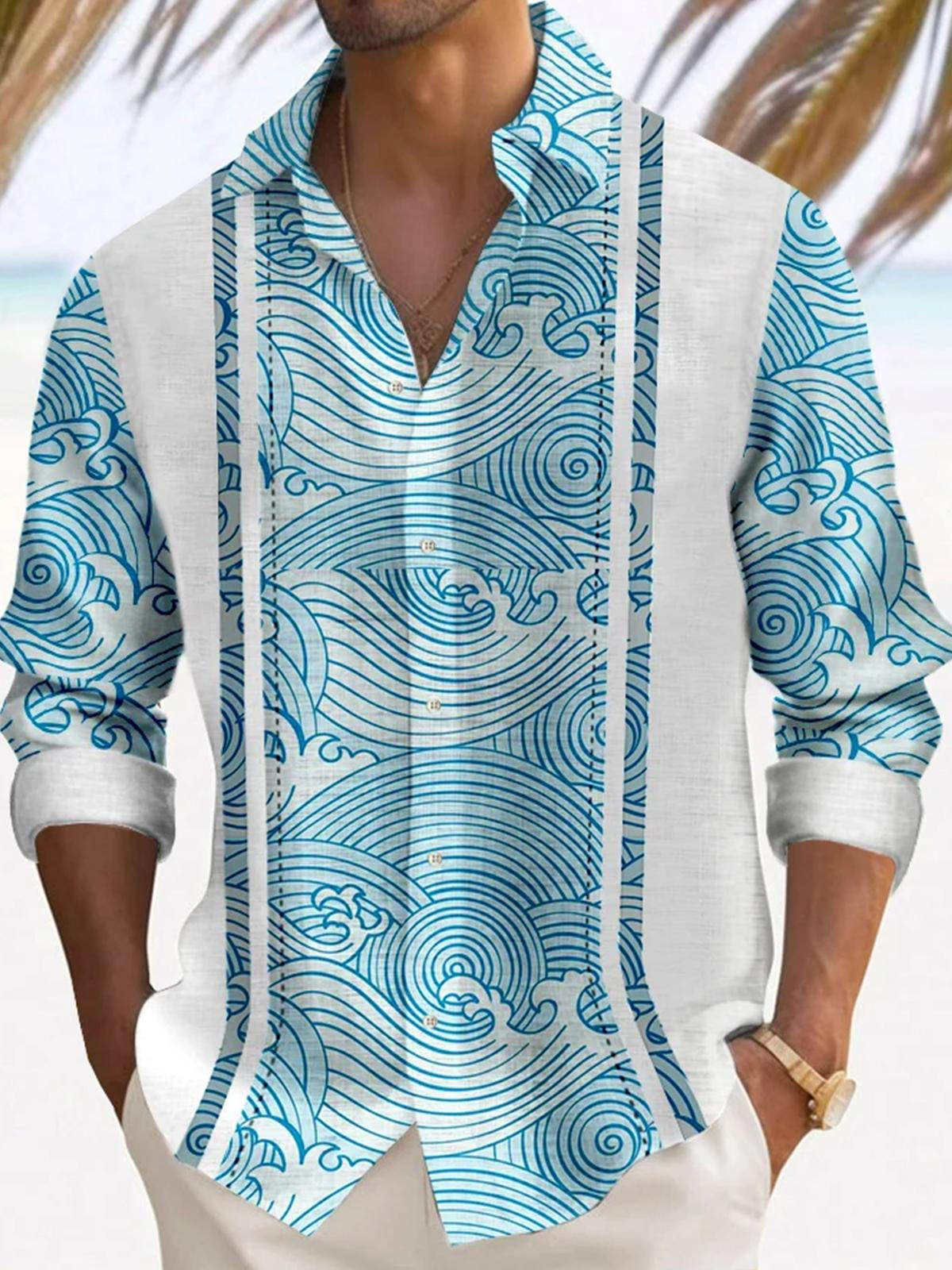 Wave Print Patchwork Men's Long Sleeve Lapel Shirt