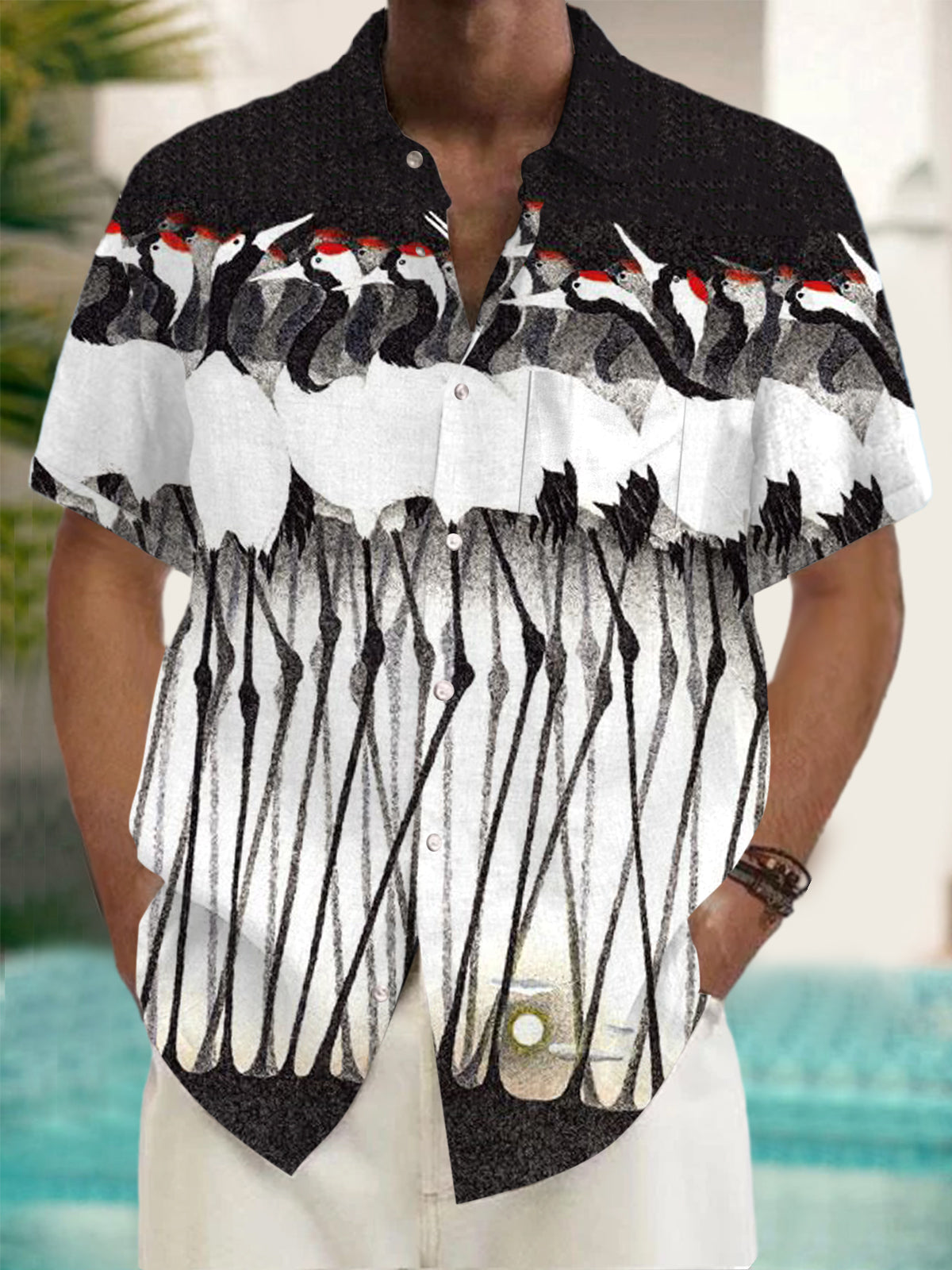 Red Crowned Crane Print Short Sleeve Men's Shirts With Pocket