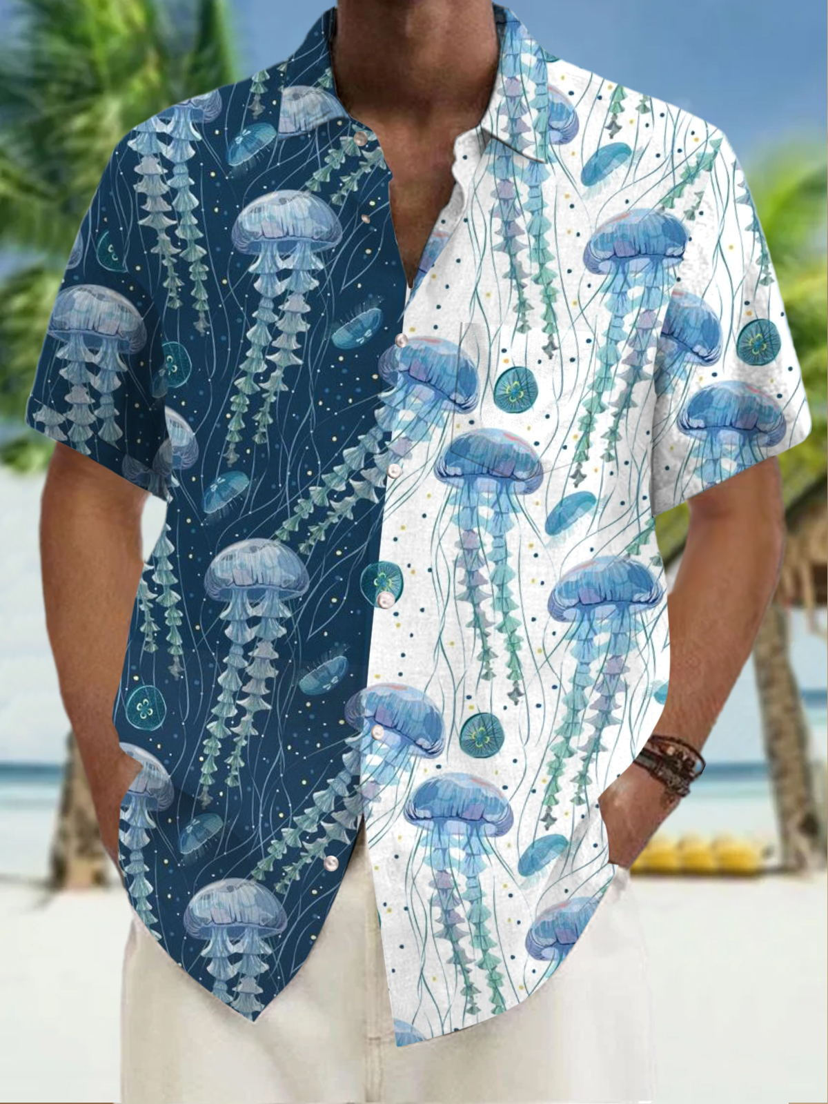 Marine Life Jellyfish Print Short Sleeve Men's Shirts With Pocket