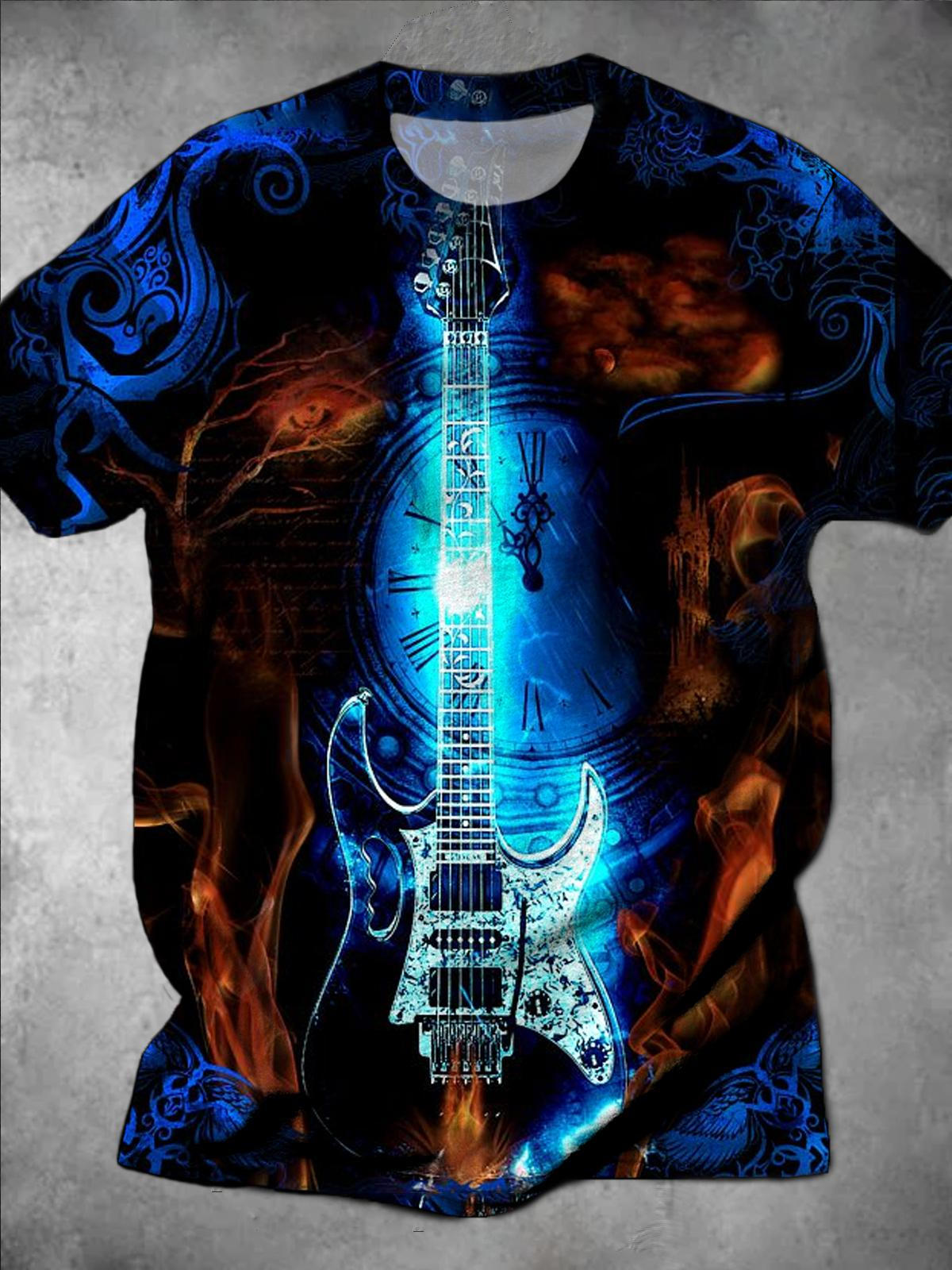 Guitar Clock Round Neck Short Sleeve Men's T-shirt