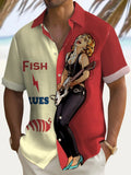 Retro Musical Fish Print Short Sleeve Men's Shirts With Pocket