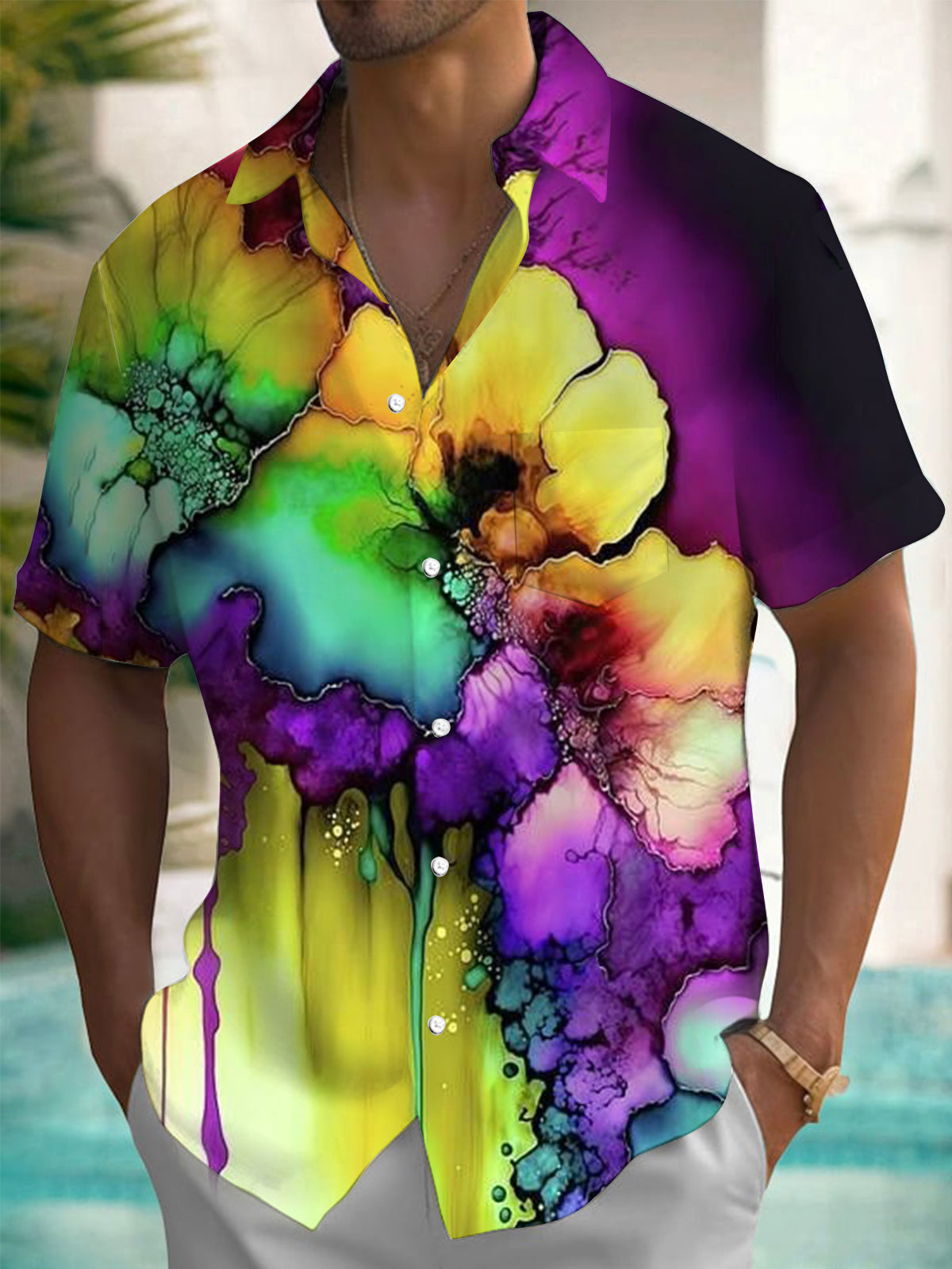 Flower Short Sleeve Men's Shirts With Pocket