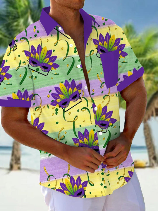 Men's short sleeve Mardi Gras festival shirt with carnival mask print and pocket front view
