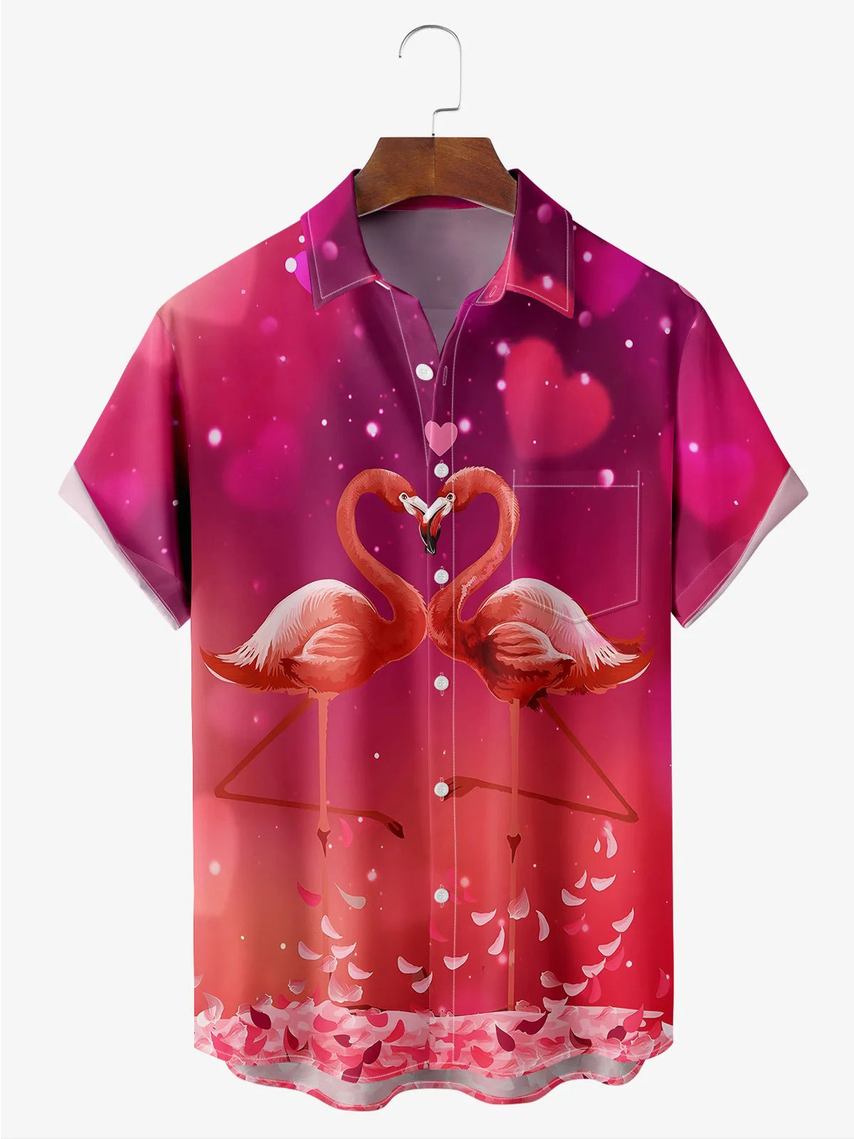 Valentine's Day Flamingo Print Short Sleeve Men's Shirts With Pocket