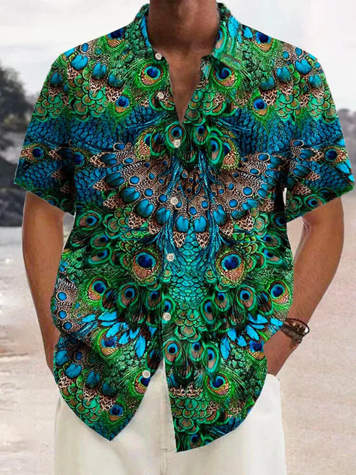 Peacock Short Sleeve Men's Shirts With Pocket