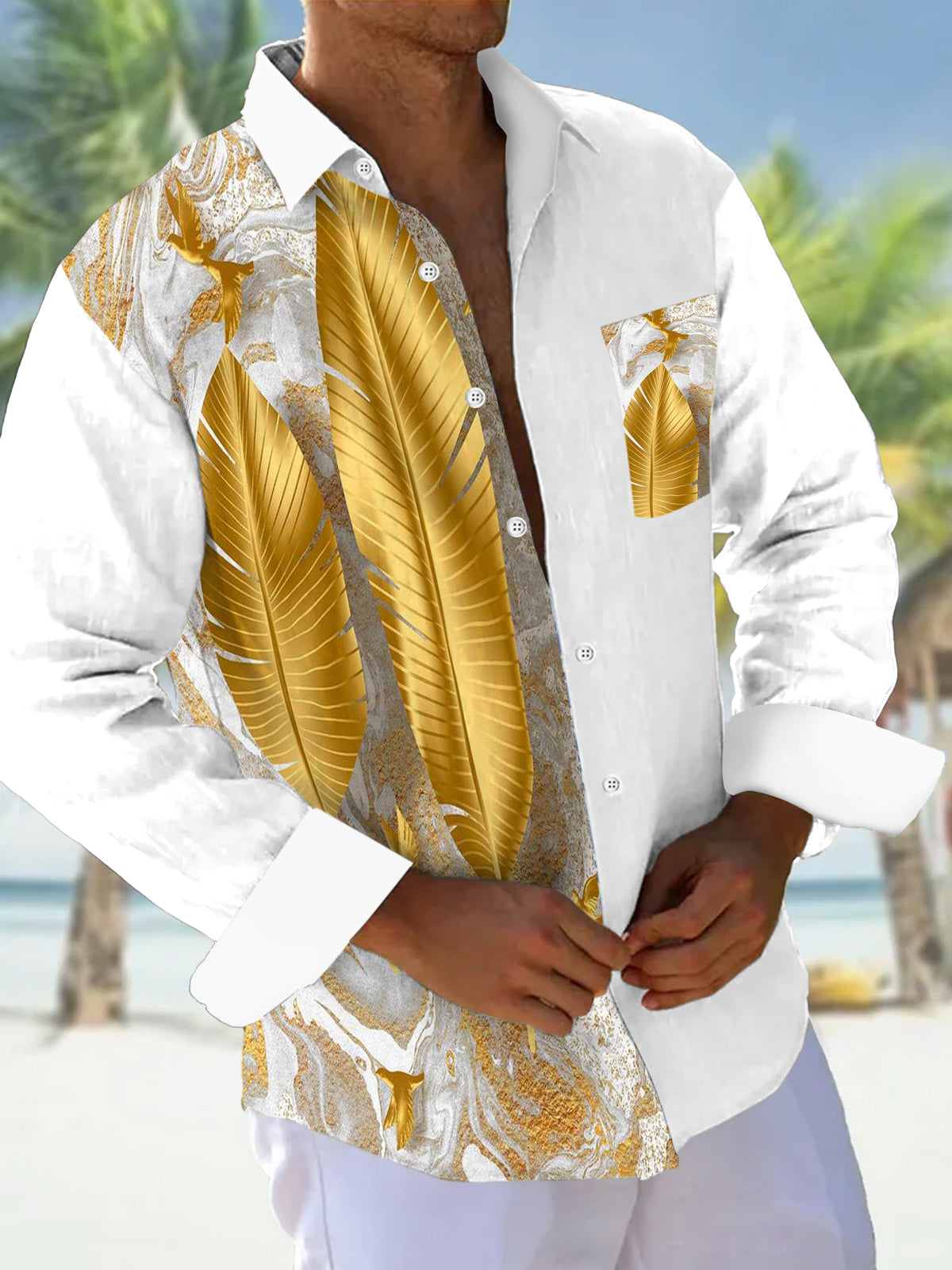 Gold Leaf Elegant Print Lapel Long Sleeve Men's Shirt