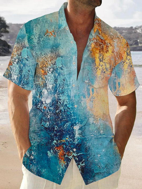 Men's retro Hawaiian short sleeve shirt with pocket front view for tropical beach vacation
