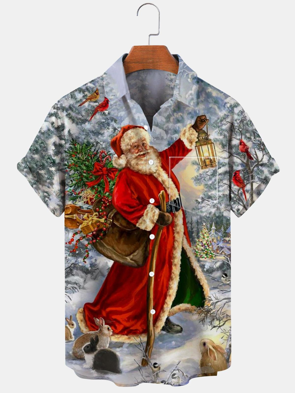 Santa Claus Short Sleeve Men's Shirts With Pocket