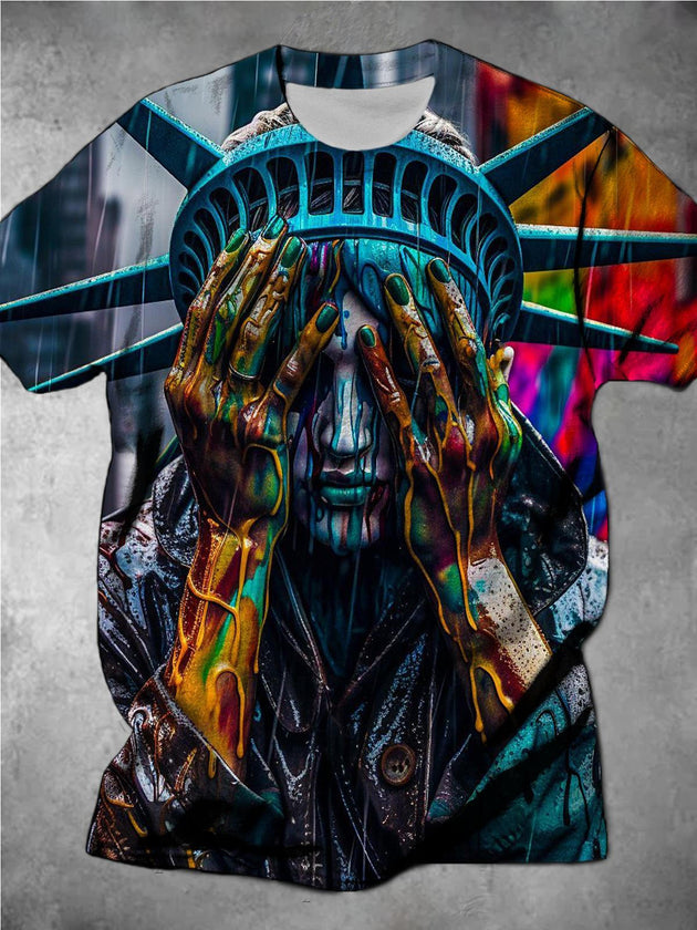 men's short sleeve art print crying Statue of Liberty t-shirt front view