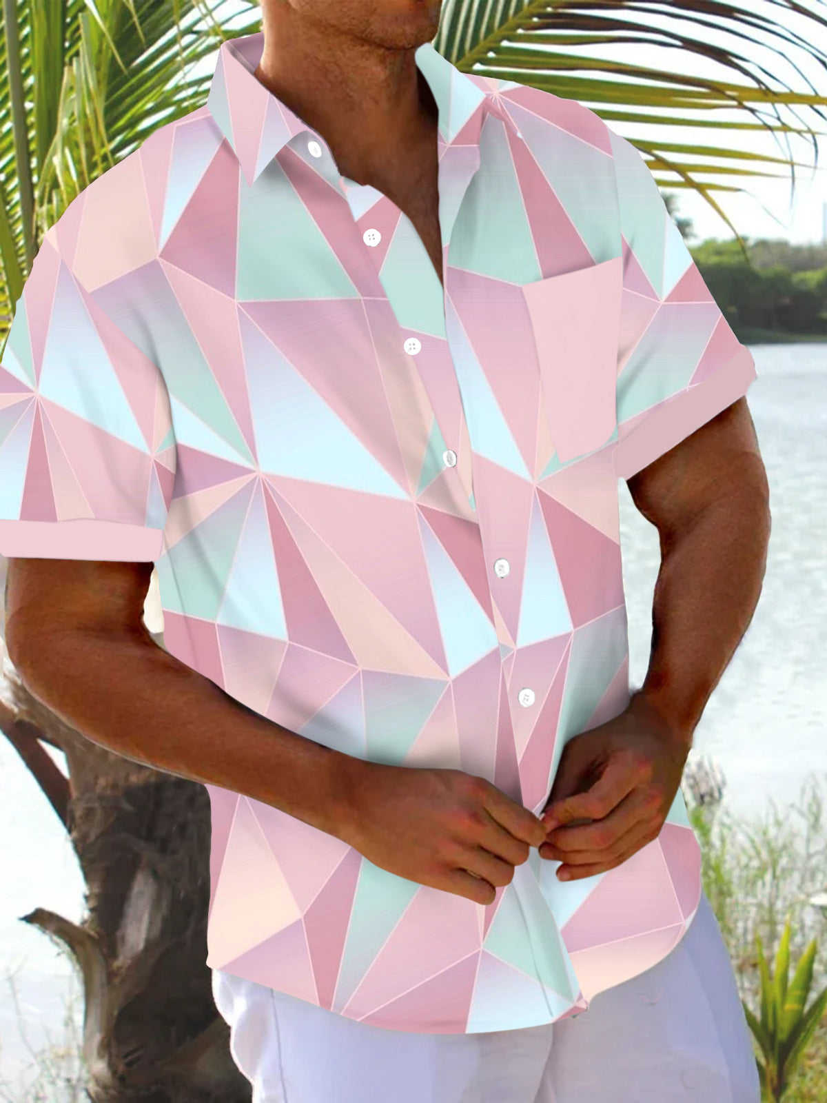 Colorful Geometric Pink Print Men's Short Sleeve Lapel Shirt