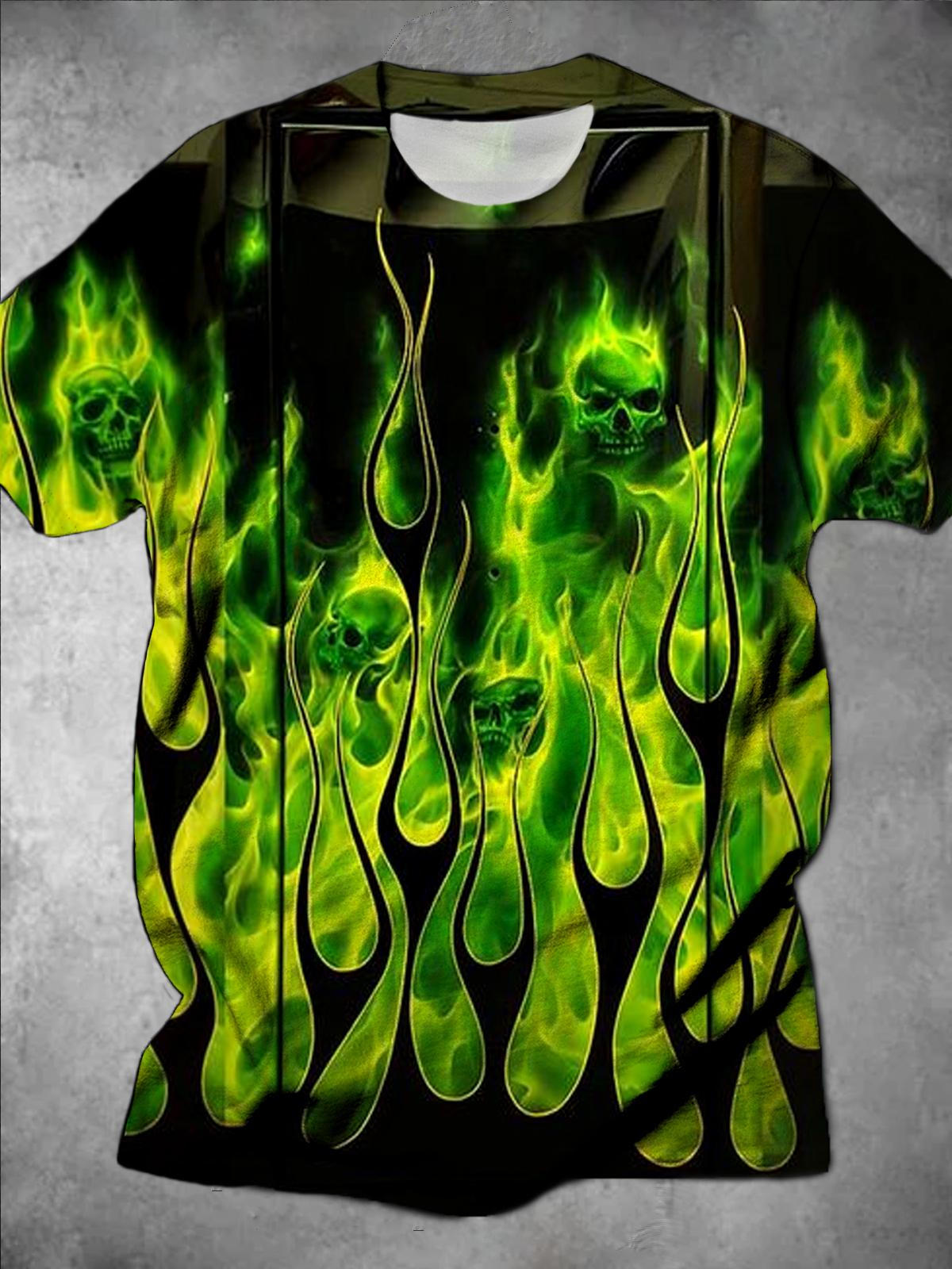 Skull Fire Round Neck Short Sleeve Men's T-shirt