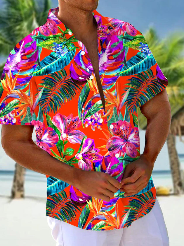 Men's Hawaiian floral short sleeve shirt front view tropical beach vacation